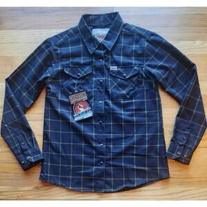 Dixxon Flannel Large Stay Gold Black and Yellow Plaid Snap Buttons Long Sleeve